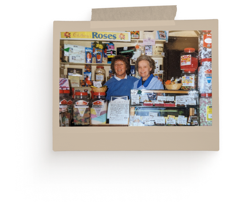 Polaroid style photo of a photo from 2003 of two shop assistants