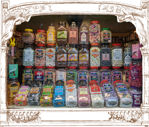 Wyldes shop front window display of sweets